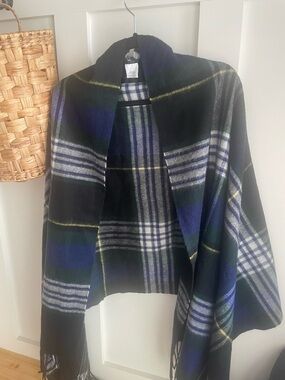 J. Crew Navy, Green & White Plaid Fringe Wrap Scarf